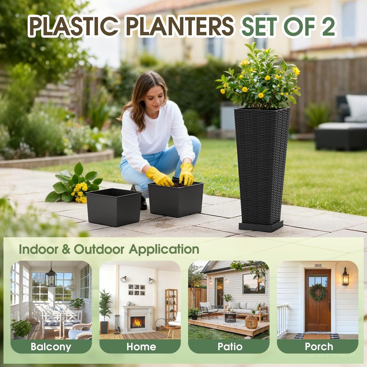 Acurax Set of 2 24 Inch Tall Plastic Planters with Drainage Saucers, Rattan Pattern UV Resistant Indoor Outdoor Flower Pots for Patio Garden Balcony Decor, Black