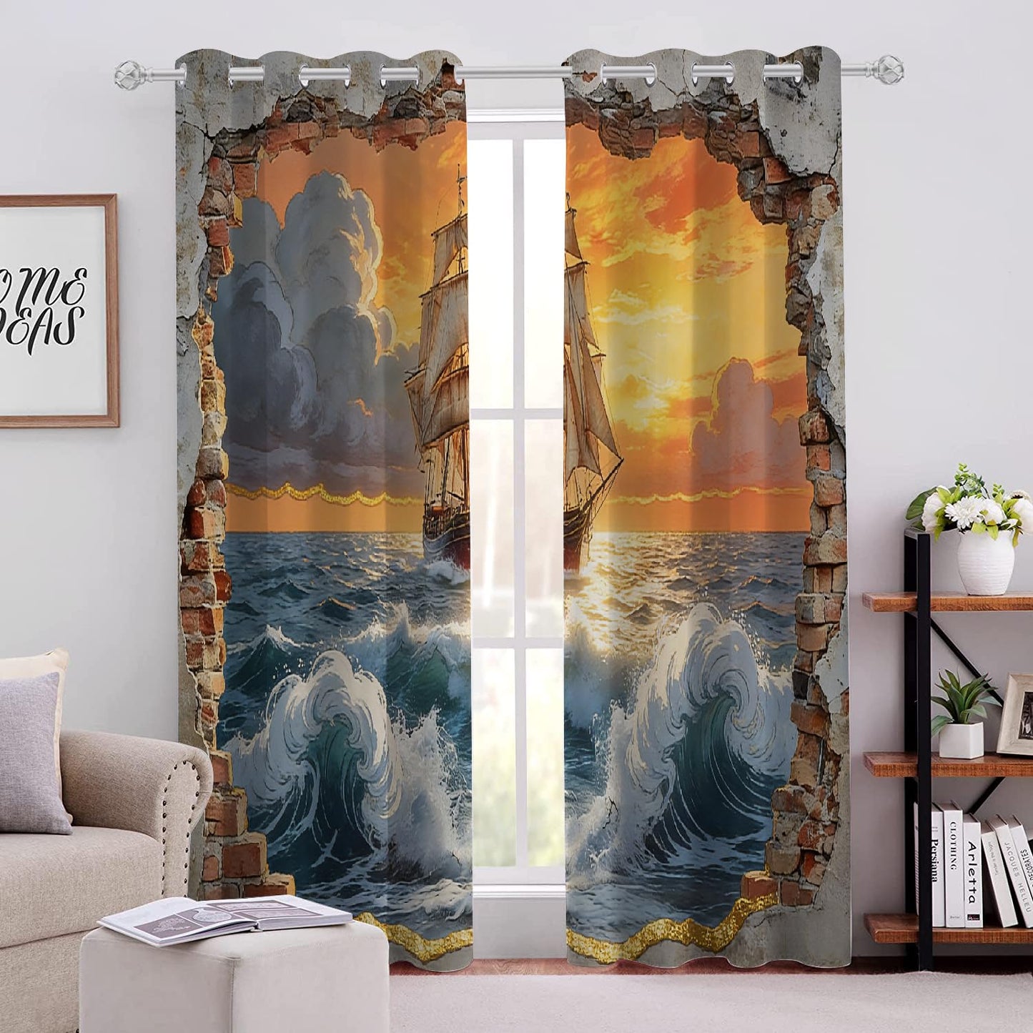 Ocean Sailing Ship Blackout Curtains, Sunset Sky Clouds 3D Print Drapes, Darkening Curtains with Top Grommet 2 Panel Drapes for Sliding Glass Door Bedroom Living Room(104" W x 63 "L)