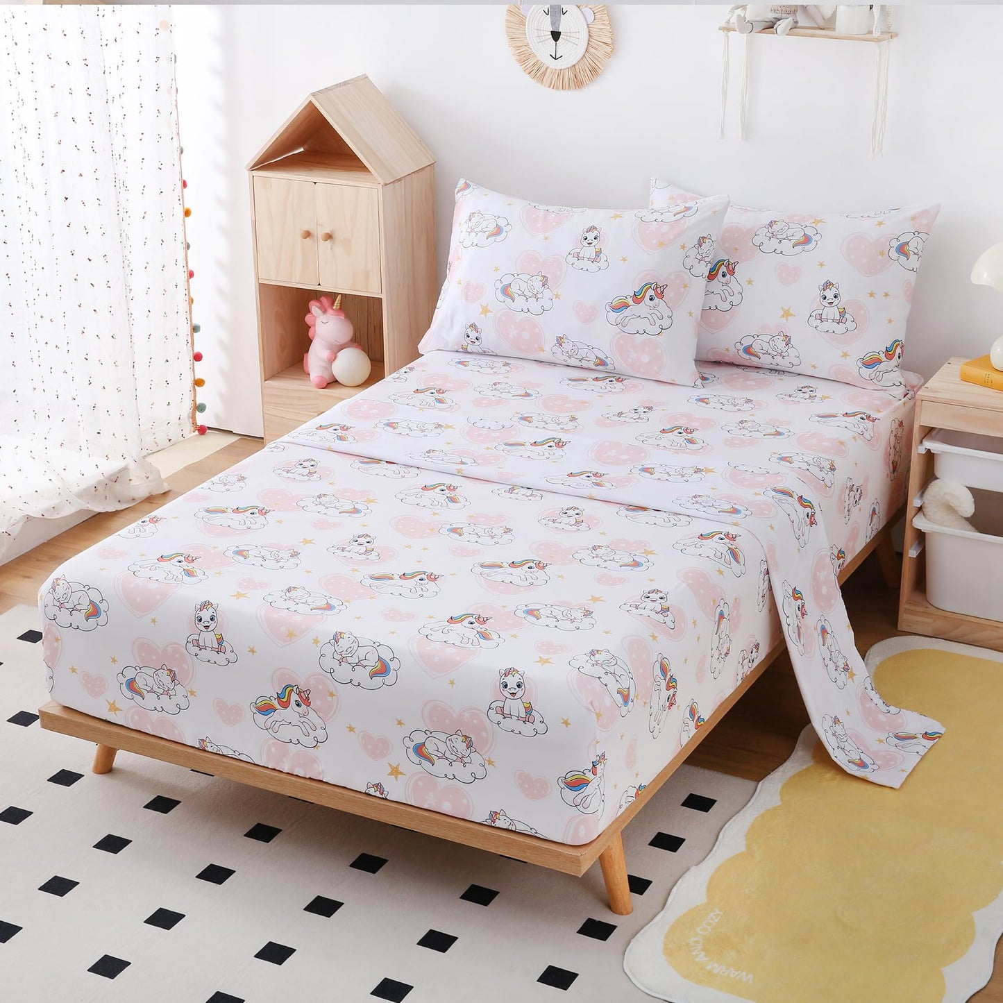 Yibeizi Twin Sheets Set Kids, Unicorn Pattern Microfiber Single Bed Sheets, Cute Heart Soft Oeko-Tex Extra Deep Pocket Sheets & Pillowcases Cooling Hypoallergenic Wrinkle Free Bedsheets