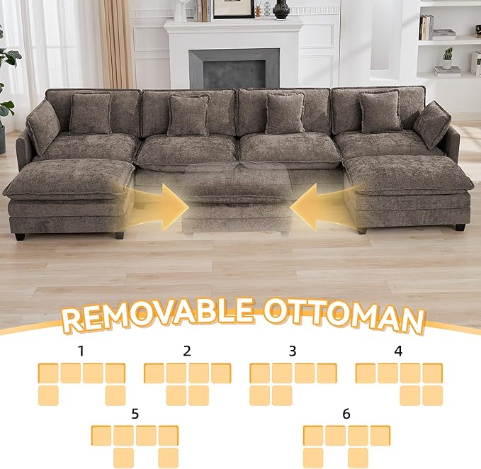 147'' Sectional Cloud Deep Seat Couch, Oversized Chenille U Shaped Sectional
