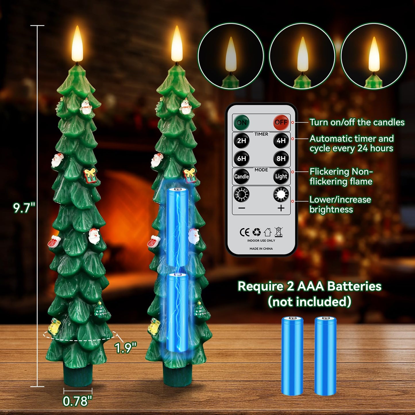 ZLCYFJIXV Flameless Christmas Tree Candles with Remote, 4 Pack 9.8” LED Battery Operated Taper Candles, Green 3D Sticker Flickering Candlesticks for Holiday Home Decoration