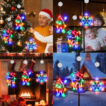 3Pcs Christmas Window Lights, Battery Powered Christmas Window Hanging Decorations Reindeer & Xmas Tree & Snowflake Shaped Indoor Lights with Suction Cup, Timer for Xmas New Year Home Decor