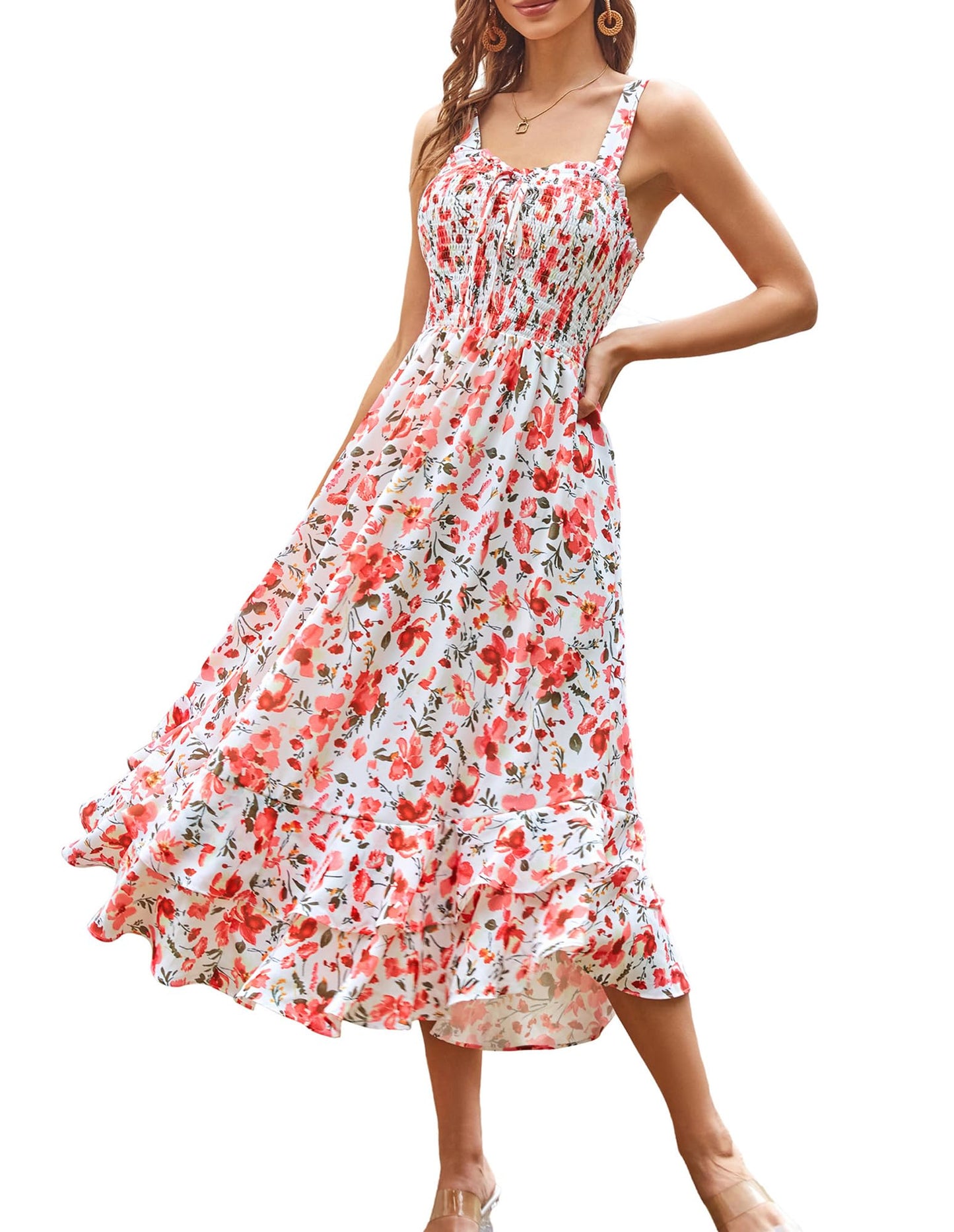 GRACE KARIN Women's 2025 Summer Floral Boho Dress Square Neck Strapped Swing A Line Sundress Beach Long Maxi Outfits