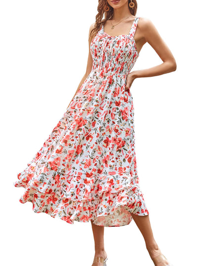 GRACE KARIN Women's 2025 Summer Floral Boho Dress Square Neck Strapped Swing A Line Sundress Beach Long Maxi Outfits