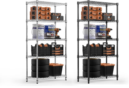 M MZG 2 PCS Storage Shelving Utility Shelving Unit 5-Tier Utility Shelving Unit Steel Organizer Wire Rack for Home,Kitchen,Office (13.7" D x 23.6" W x 62.4" H) (Black+Chrome)