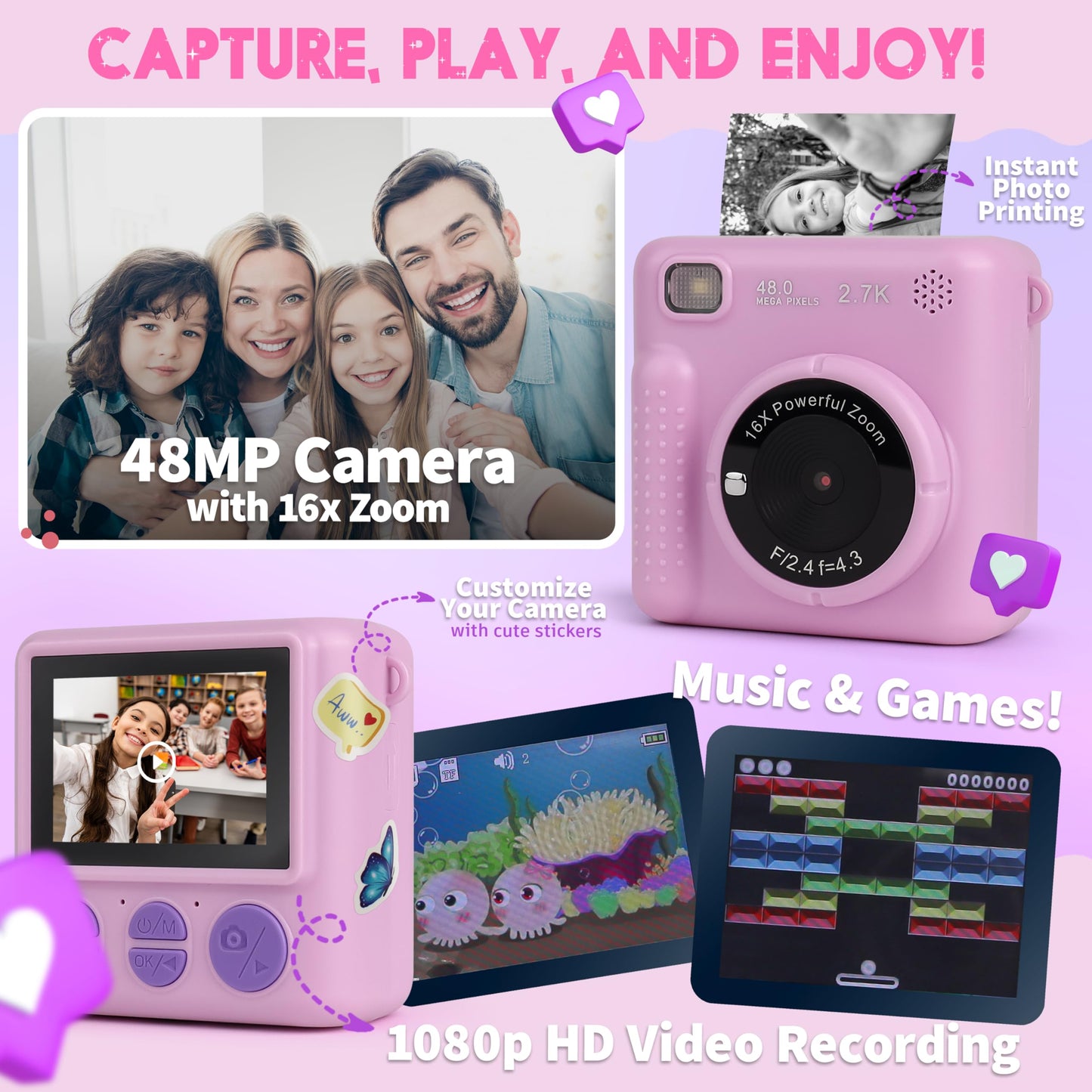 FINcredible Photomaker Kit - Instant Print Camera for Kids Plus DIY Journal Kit for Girls - 150 Pcs Tween Journal & Camera for Girls - 6 7 8 9 10 11 12 13 14 Year Old Girl (Lilac)