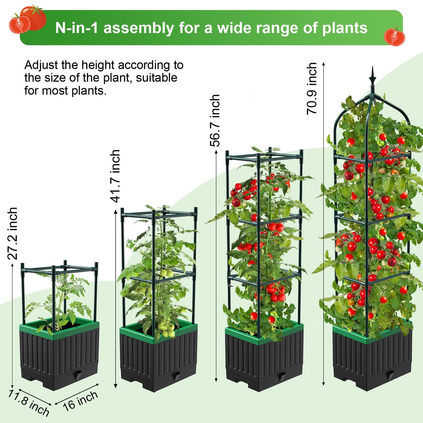 MQHUAYU Raised Garden Bed Planter Boxes with Trellis,1pcs 70.9" Self-Watering Tomato Planter Boxes with Trellis for Climbing Vegetables Plants Flowers Tomato,Use for Indoor Outdoor (Black)