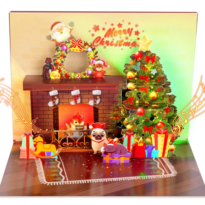 FITMITE Christmas Card Pop Up with Light and Music 3D Santa Fireplace Merry Christmas Greeting Card with Envelope for Kids Girls Women Man Christmas Gift