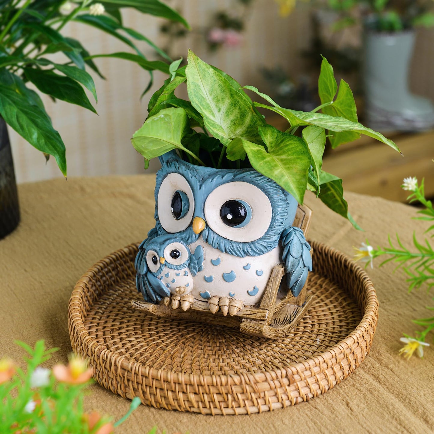 Saysmile Unique Owl Plant Pots Indoor, Cute Small Succulent Pots with Drainage Hole, Rocking Chair Planters for Outdoor Indoor Plants, Resin Flower Pot for String of Pearls, Gift Ideas for Mother