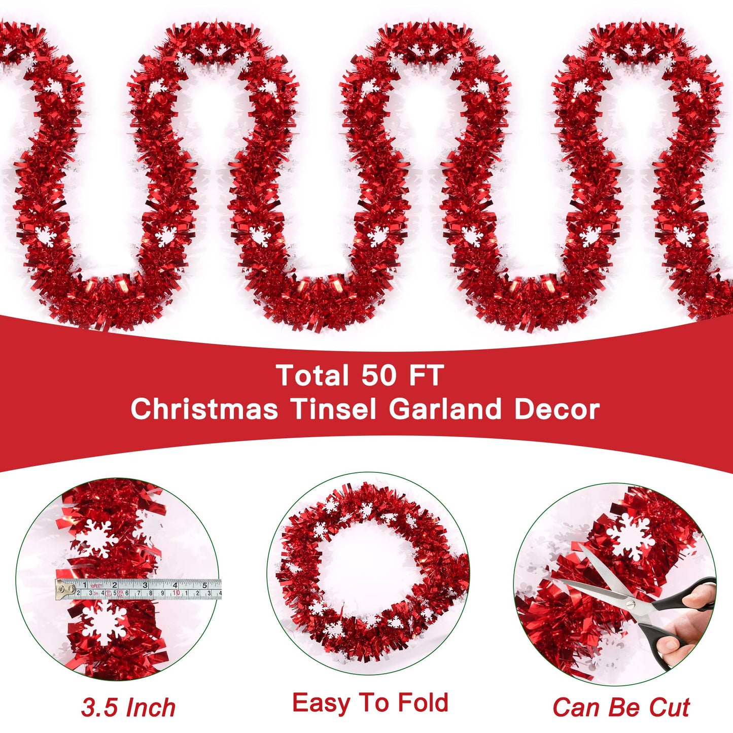 50 Feet Red Christmas Tinsel Garland with Snowflake Ornaments Metallic Twist Shiny Xmas Decorations Tree Garlands for Home Mantle Office Stair Indoor Outdoor Holiday Decor Party Supplies
