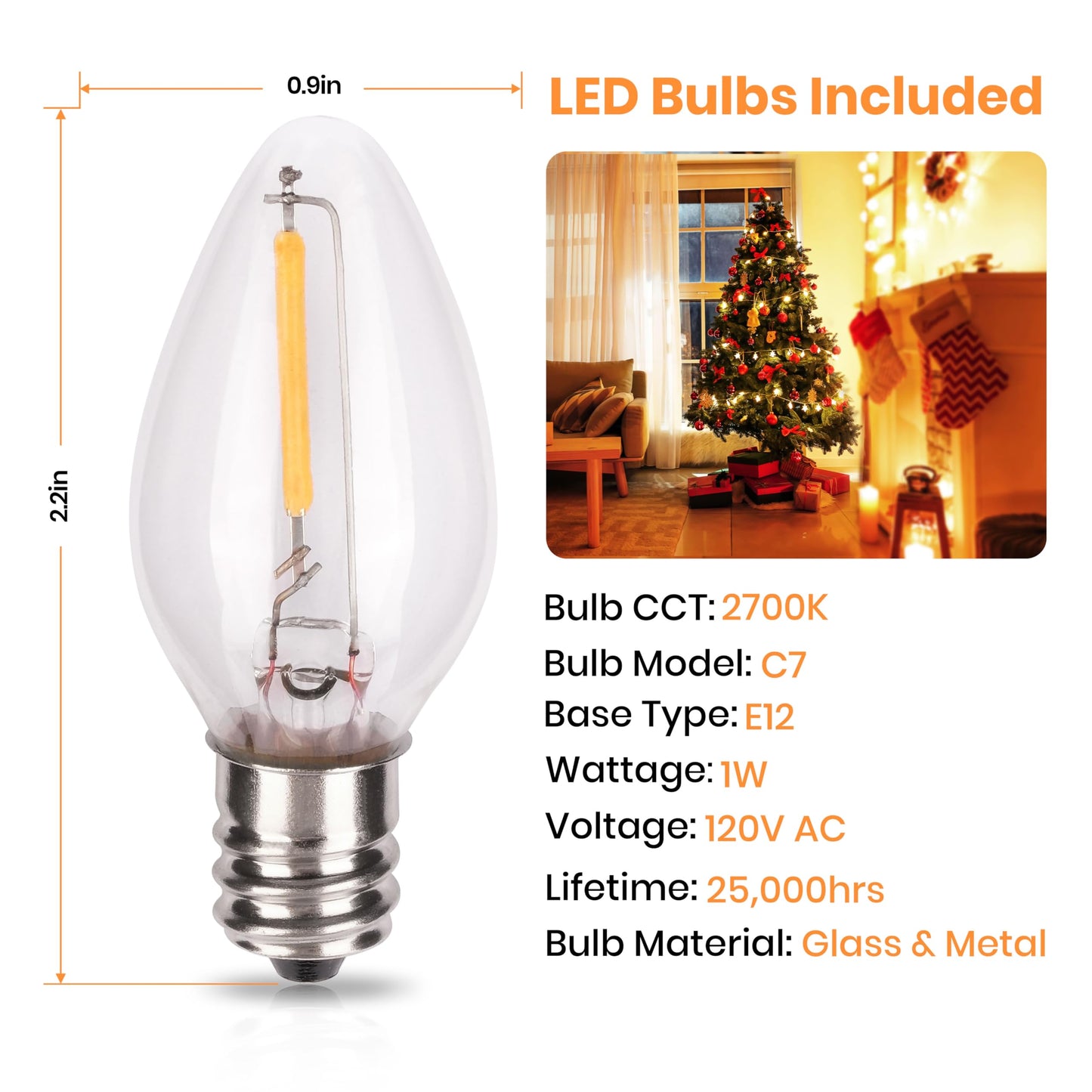 OHLGT 2 Sets Accessory Cord with 2 LED C7 Light Bulb, 5Ft Salt Lamp Cord Replacement with On/Off Switch Plugs E12 Socket for Halloween Pumpkin, Christmas Village House, Holiday Decorations and Crafts