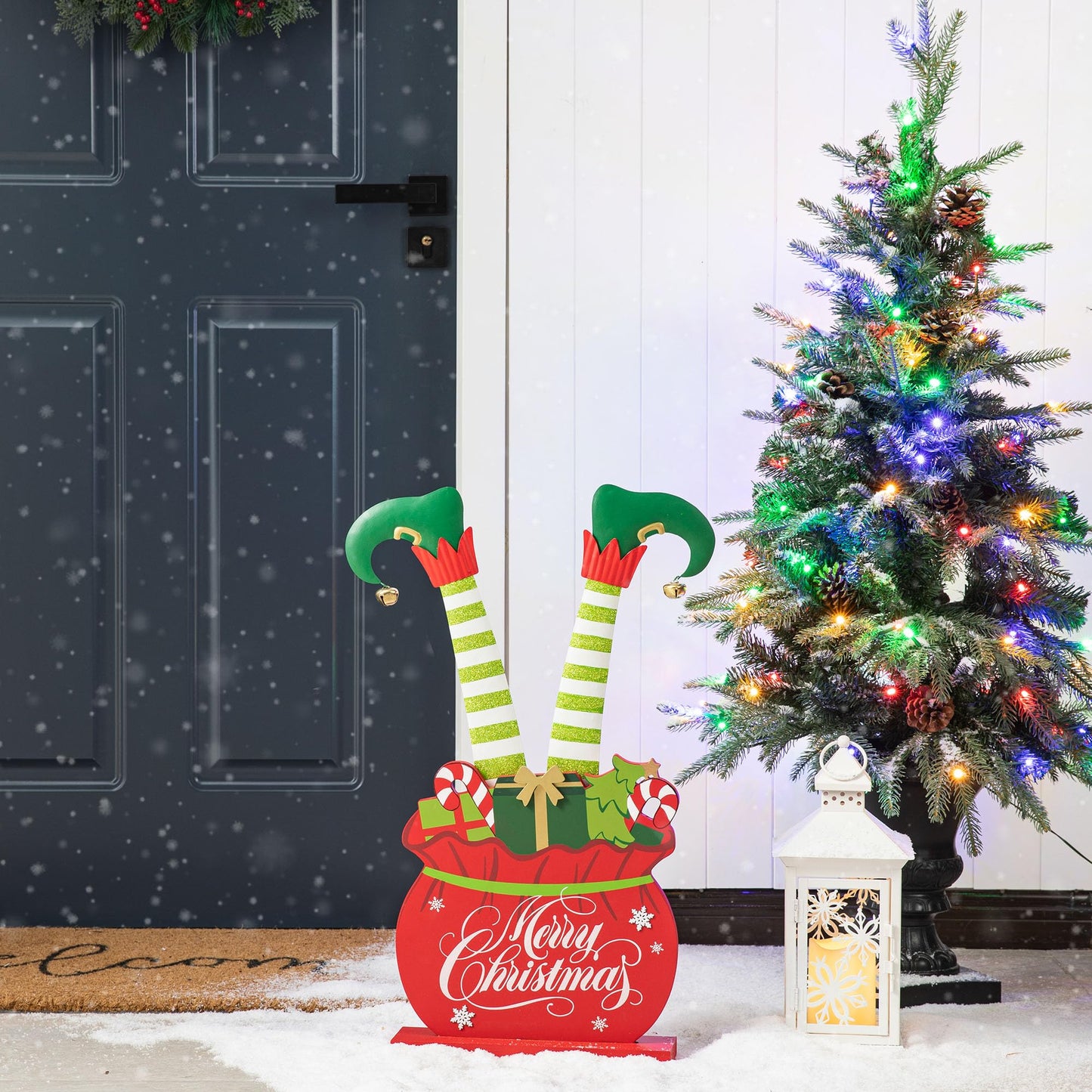 Glitzhome "Merry Christmas" Elf Legs Porch Sign, 24.5" Wood & Metal Gift Bag Display for Holiday, Festive Indoor Outdoor Welcome Greeting Decoration