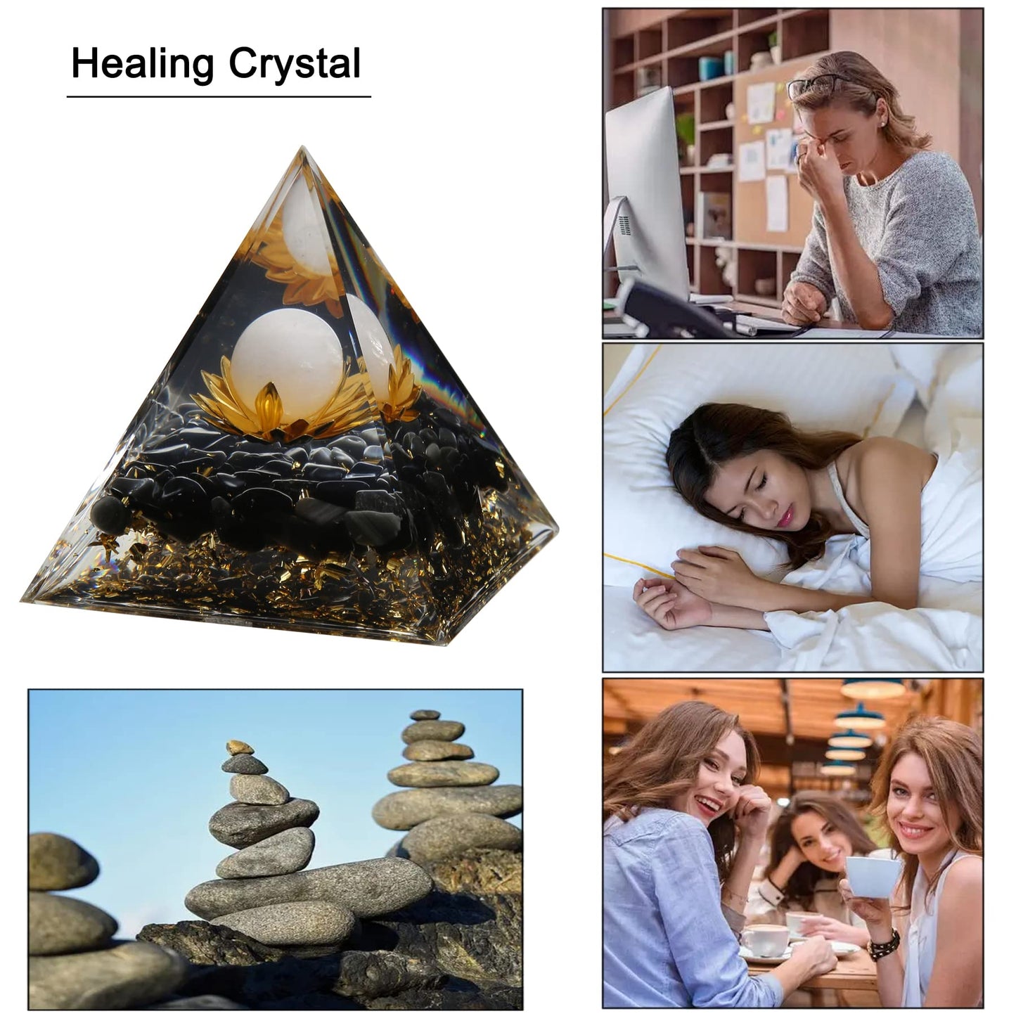 Orgone Pyramid - Positive Energy Source for Meditation, Stress Relief, Wealth Attraction | Crystal Pyramid Orgonite with Protection Crystals | Ideal Energy Generator & Stylish Room Decor
