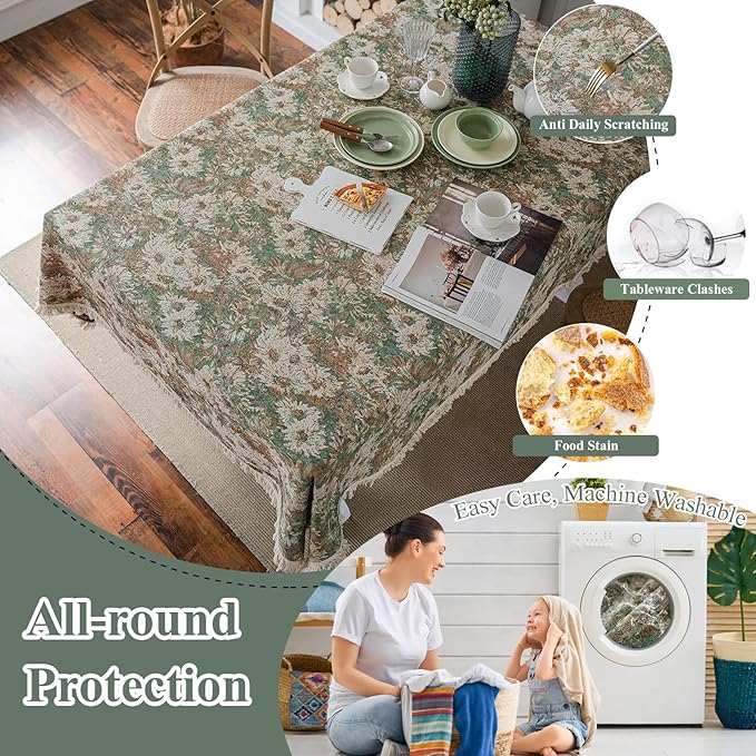 Aesthetic Green and Beige Floral Table Cloth, Linen Texture Table Cloth