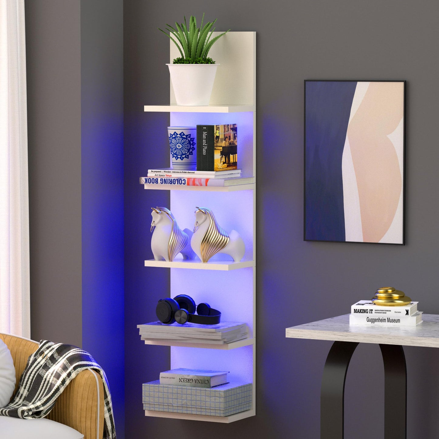 VIWODS 5-Tier Wall Shelf Unit with RGB Light, Floating Lack Shelf for Wall Storage, Wall Mounted Vertical Display Shelf for Bedroom Living Room Vanity, White