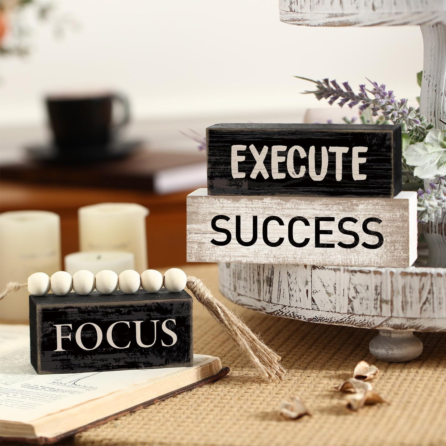 Yuntau 4 Pcs Motivational Desk Decor Wooden Office Decor Inspirational Tiered Tray Decoration Rustic Retro Wood Bead Garland Focus Execute Success Block Sign Farmhouse Centerpiece for Home Shelf