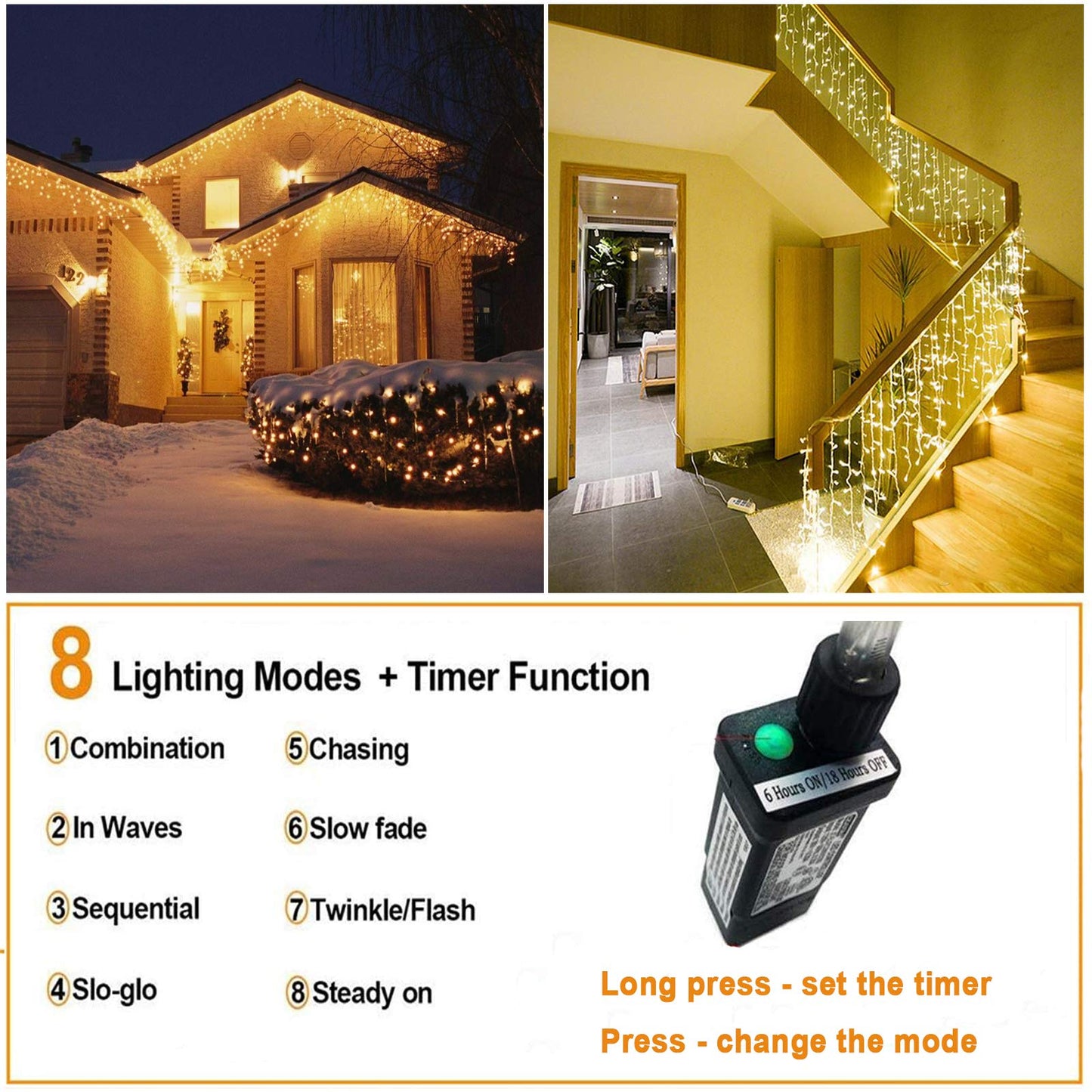 LED Icicle Lights Outdoor 32.8FT, Warm White 400 LED Icicle Waterproof Christmas Decorations String Lights with Timer Remote, 8 Modes Connectable Eave Curtain Fairy Light for Xmas, Thanksgiving, Party