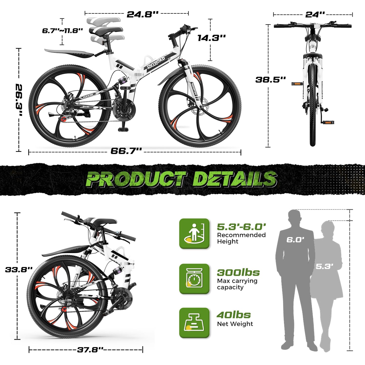 Outroad 26 Inch Folding Mountain Bike, 21 Speed Dual Disc Brake Non-Slip Folding Bikes, Full Suspension High-Carbon Steel MTB Foldable Bicycle for Adults/Women/Men, White
