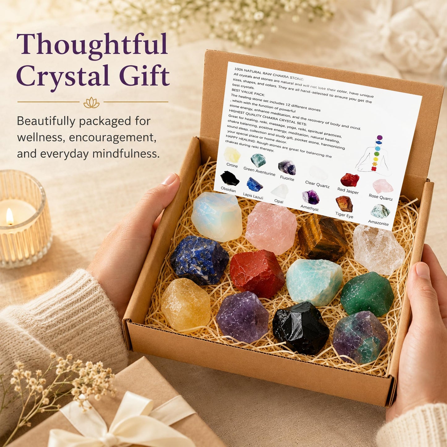 12Pcs Natural Crystals and Healing Stones Kit for Chakra Balance, Reiki, Meditation, Anxiety Relief, Crystal Decor & Thoughtful Crystal Gifts (12 Piece Crystal)