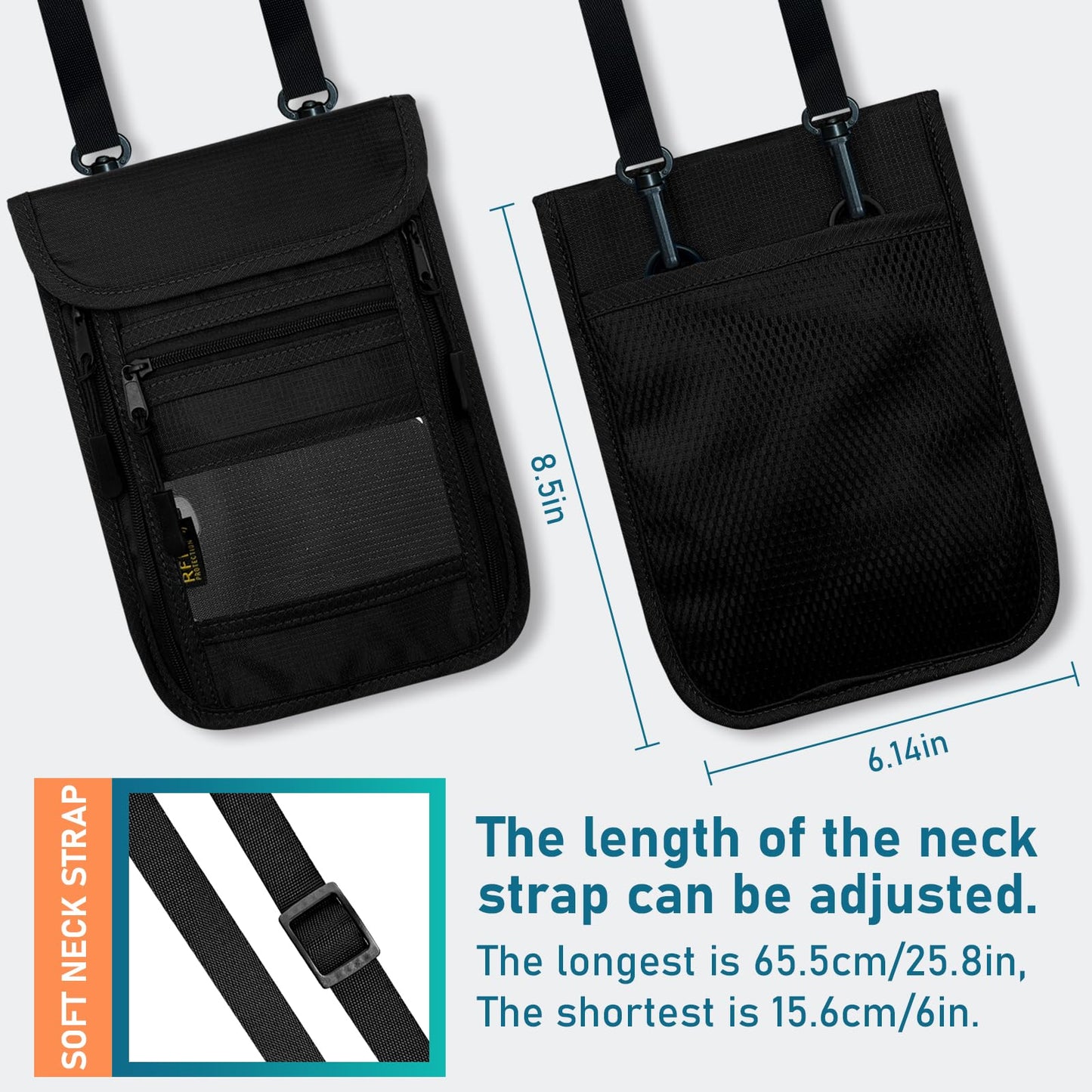 sundee Travel Neck Wallet with Double Zippers, RFID Blocking Passport Holder with Adjustable Neck Strap for Men and Women to Keep Cash, Credit Cards and Travel Documents Safe - Black