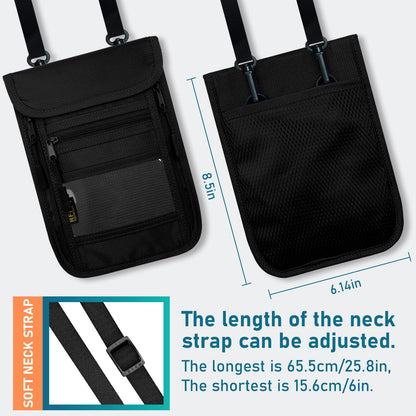 sundee Travel Neck Wallet with Double Zippers, RFID Blocking Passport Holder with Adjustable Neck Strap for Men and Women to Keep Cash, Credit Cards and Travel Documents Safe - Black