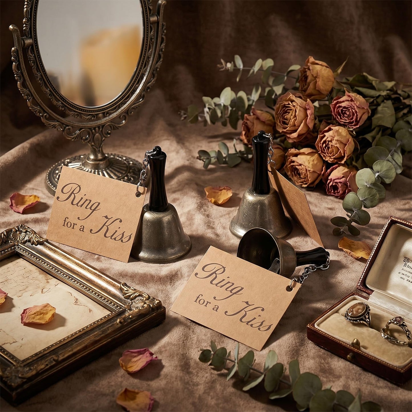 24 Set Bronze Wedding Bells with 'Ring for a Kiss' Cards Bulk Kissing Bells for Reception Decorations, Guest Favors, Table Centerpieces & Goodie Bag Party Supplies