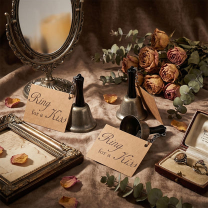 24 Set Bronze Wedding Bells with 'Ring for a Kiss' Cards Bulk Kissing Bells for Reception Decorations, Guest Favors, Table Centerpieces & Goodie Bag Party Supplies