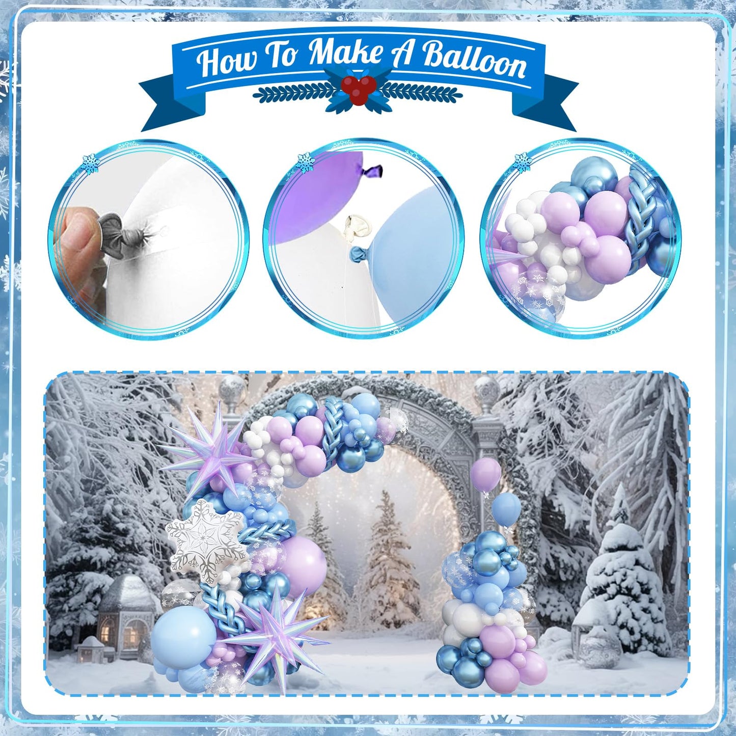 Winter Balloon Arch Garland Kit, Baby Pastel Metallic Blue Light Purple White Latex Balloons with Snowflake Exploding Star Foil Balloon for Winter Wonderland Xmas Ice Snow Birthday Party Decorations