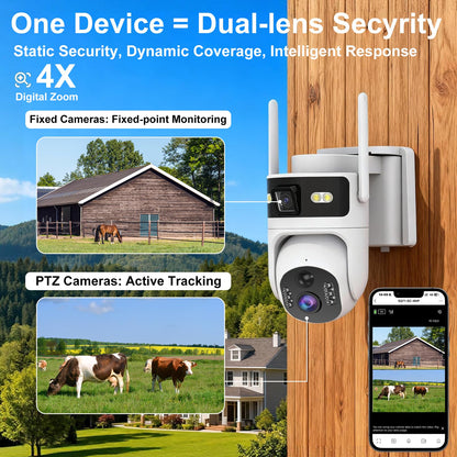 CUUKSHKN Dual Lens 4G LTE Cellular Security Camera Wireless Outdoor,365 Day Free Unlimited Data,No WiFi Solar Powered,360°Auto Tracking,2K Color Night Vision,PTZ Motion Dtetection,Tuya Smart Camera