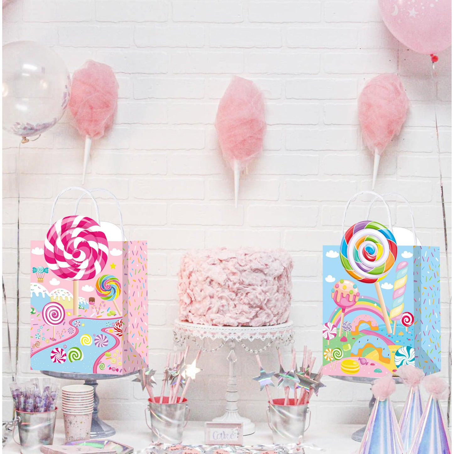 C L cooper life 12pcs Candyland Party Gift Treat Bags with Handles - Lollipop Themed Party Goodie Bags - Candyland Birthday Party Supplies
