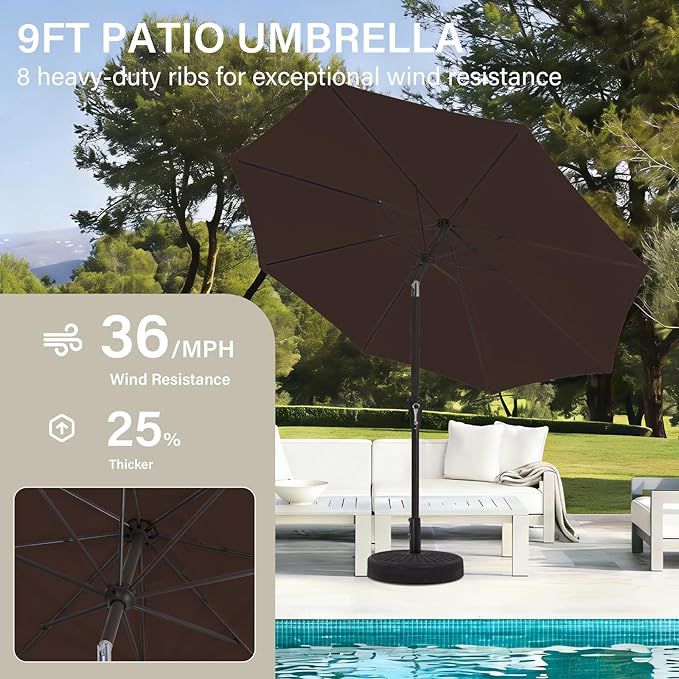 MEWAY 9ft Patio Umbrella Outdoor Table Umbrellas with Push Button Tilt and Crank, Market Umbrella 8 Sturdy Ribs for Deck, Garden, Pool and Backyard, Brown