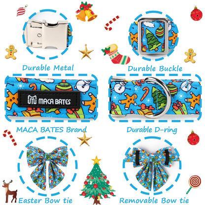 Maca Bates Christmas Blue Dog Collar with Sailor Bow Tie for Extra Small Girl Boy Dogs,Gingerbread,Christmas Tree,Hat Pattern, Adjustable Durable Collars,Winter for Male Female Puppy
