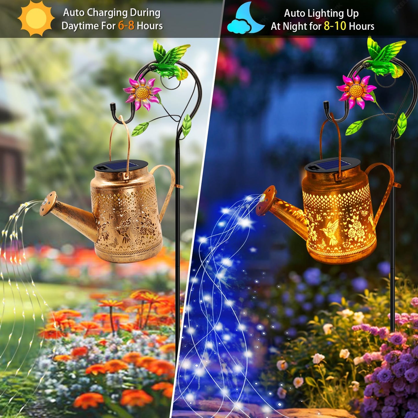 Solar Lanterns Outdoor Waterproof, Hummingbird Watering Can Garden Decor, Hanging Solar Path Lights Yard Art, Outside Patio Decoration Gardening Birthday Gifts for Mom Grandma Women with Shepherd Hook