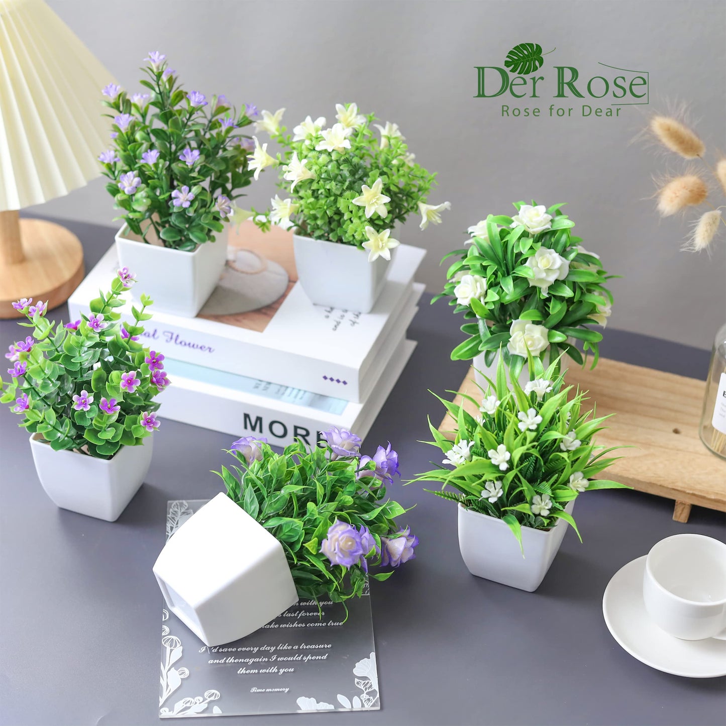 Der Rose 6 Pack Small Fake Plants Mini Artificial Faux Plants with Flowers for Home Room Farmhouse Bathroom Decor Indoor