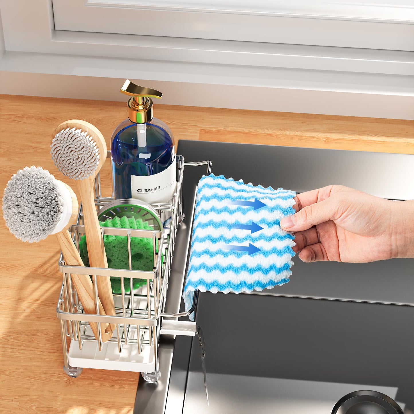 Cisily Black Sponge Holder for Kitchen Sink, Sink Caddy Organizer with High Brush Holder, Kitchen Countertop Organizers and Storage Essentials, Rustproof 304 Stainless Steel, Soap Dispenser Organize