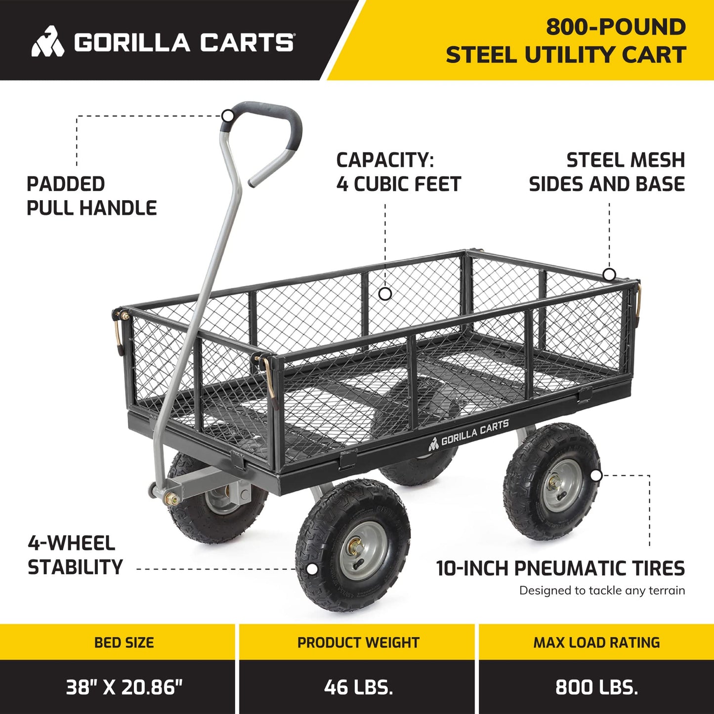 Gorilla Cart Large 800lb / 350 kg Capacity Solid Steel Outdoor Garden Multi-Use Hauling Utility Wagon Cart with Balanced 4-Wheeled Design and 10-Inch Pneumatic Tires, Black