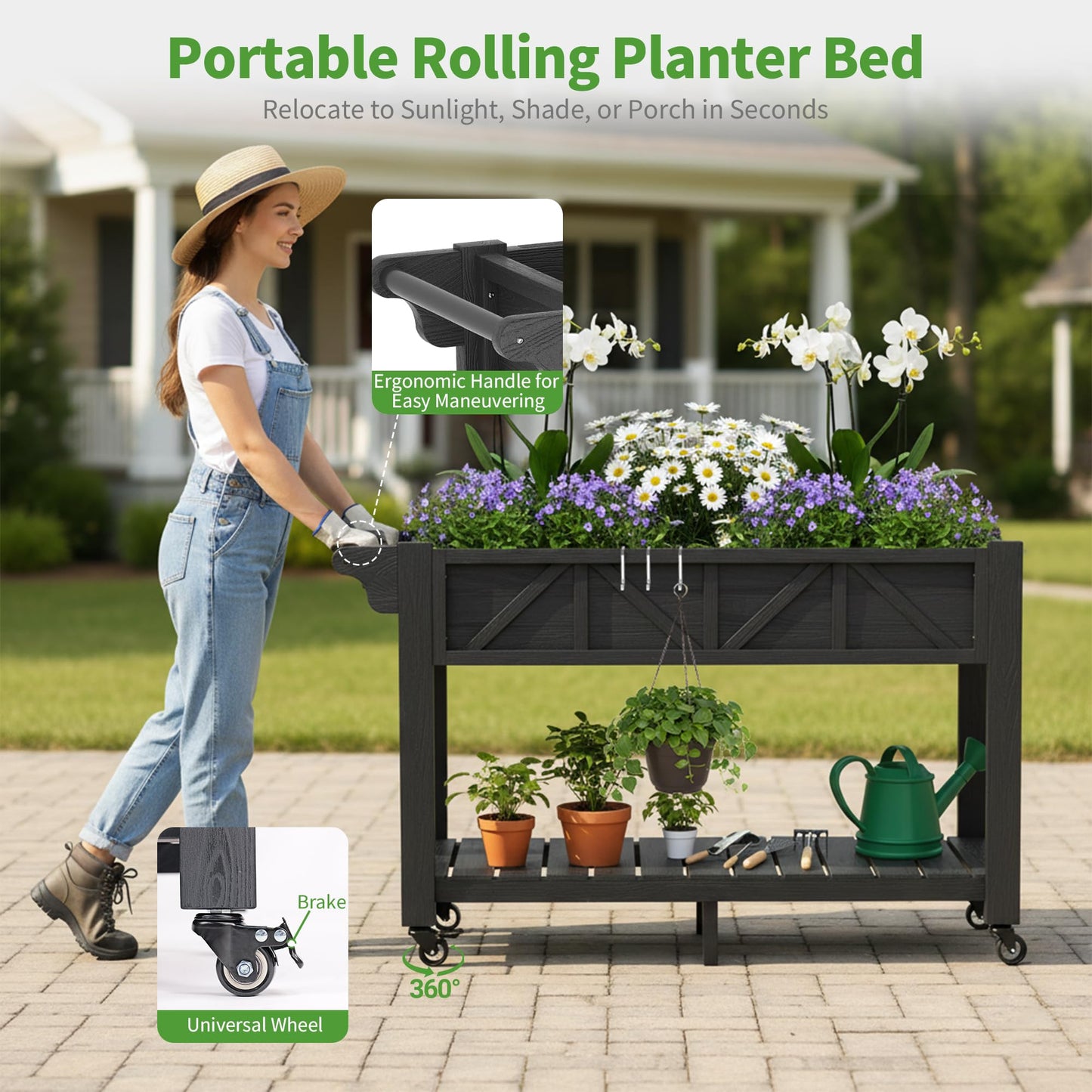 Elevated Raised Garden Bed with Legs & Wheels, 47x17x29.7in Large Planter Box with Handle & Shelf, HIPS All-Weather Outdoor Planter with Drainage Holes, Liner & Hooks for Vegetables, Herbs & Flowers