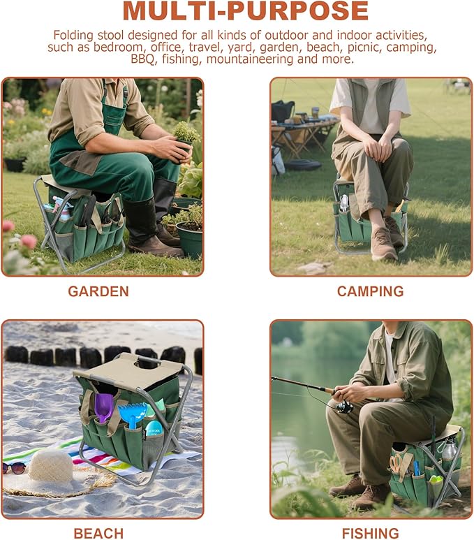 MDSTOP Folding Gardening Stool with Detachable Storage Tote Bag, Gardening Tools Set Organizer for Fishing Outdoor Sports Hiking Camping Garden, Gardening Gifts for Mom/Dad and Gardeners (Polyester)