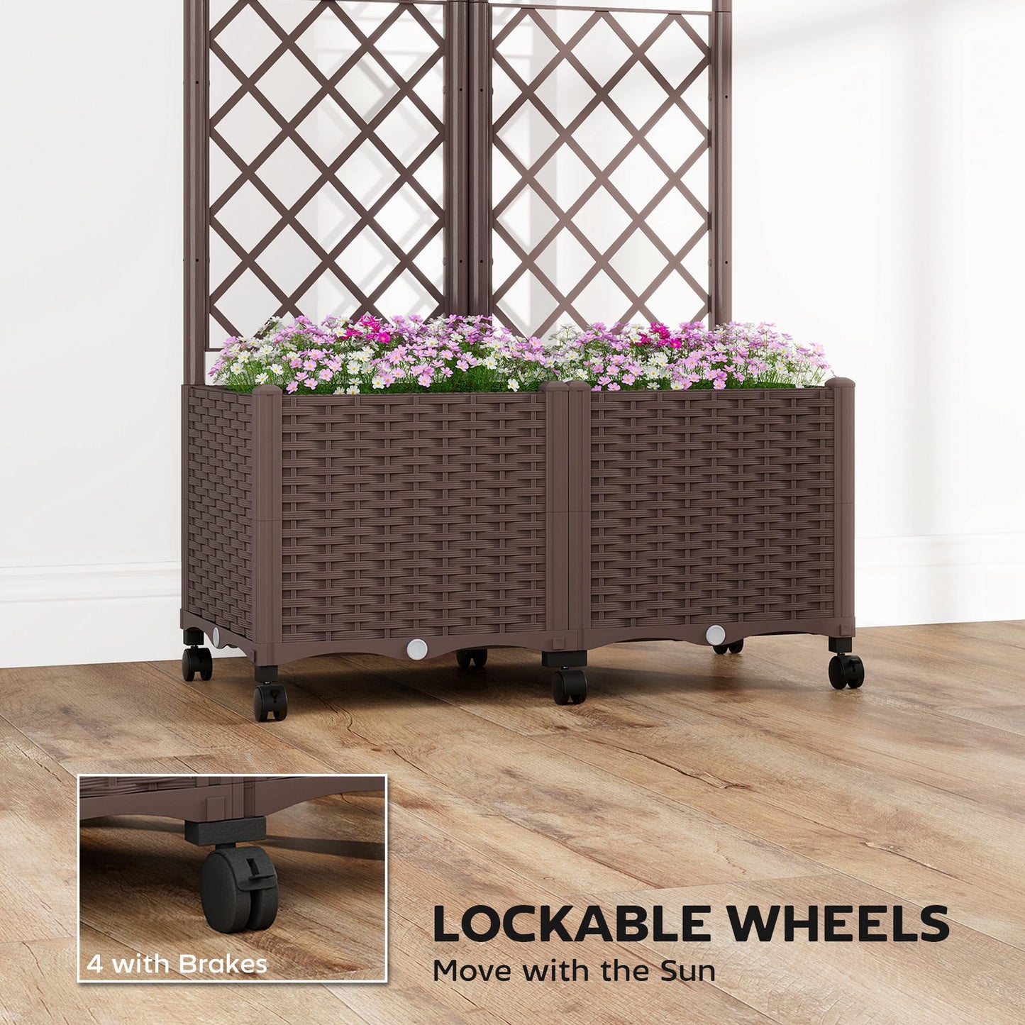 Outsunny Planter Box with Trellis, Self Watering Raised Garden Bed with Lockable Wheels, 56.3" Trellis Privacy Planter with Drainage Holes for Climbing Plants, Vines, Vegetables, Flowers, Brown
