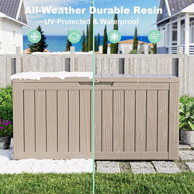 EasyUp 90 Gallon Outdoor Deck Box Waterproof, UV Resistant Resin Outdoor Storage Box for Delivery, Porch, Patio and Garden, Gray