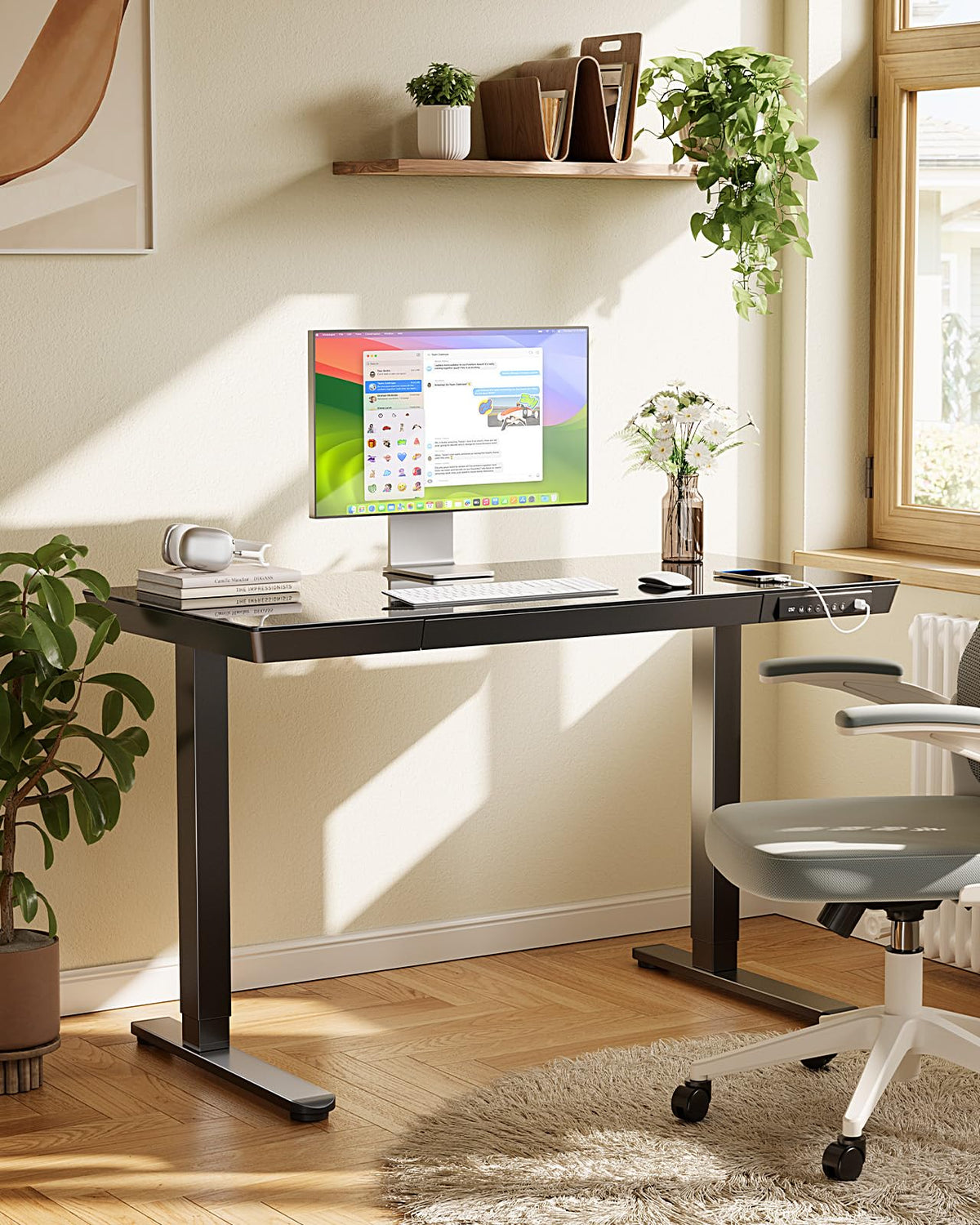 Marsail Glass Standing Desk with Drawer,55 x 28 inch Electric Standing Desk, Sit Stand Desk with One-Piece Tabletop & USB Charging Ports, Height Adjustable Desk with Storage for Home & Office Black