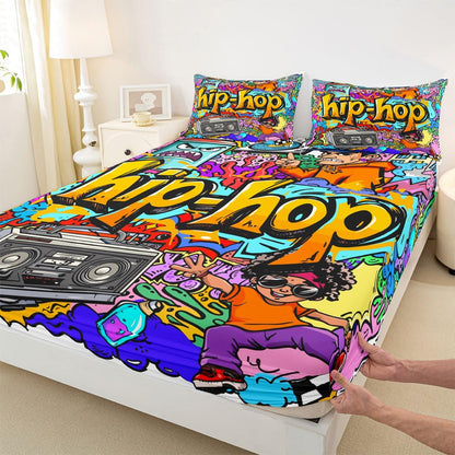 Feelyou Hippie Graffiti Sheets Hip Hop Radio Rock Bed Sheet Set Kids Boys Colorful Graffiti Pattern Bedding Set Watercolor Art Fitted Sheet Bedroom Collection 3Pcs Full Size