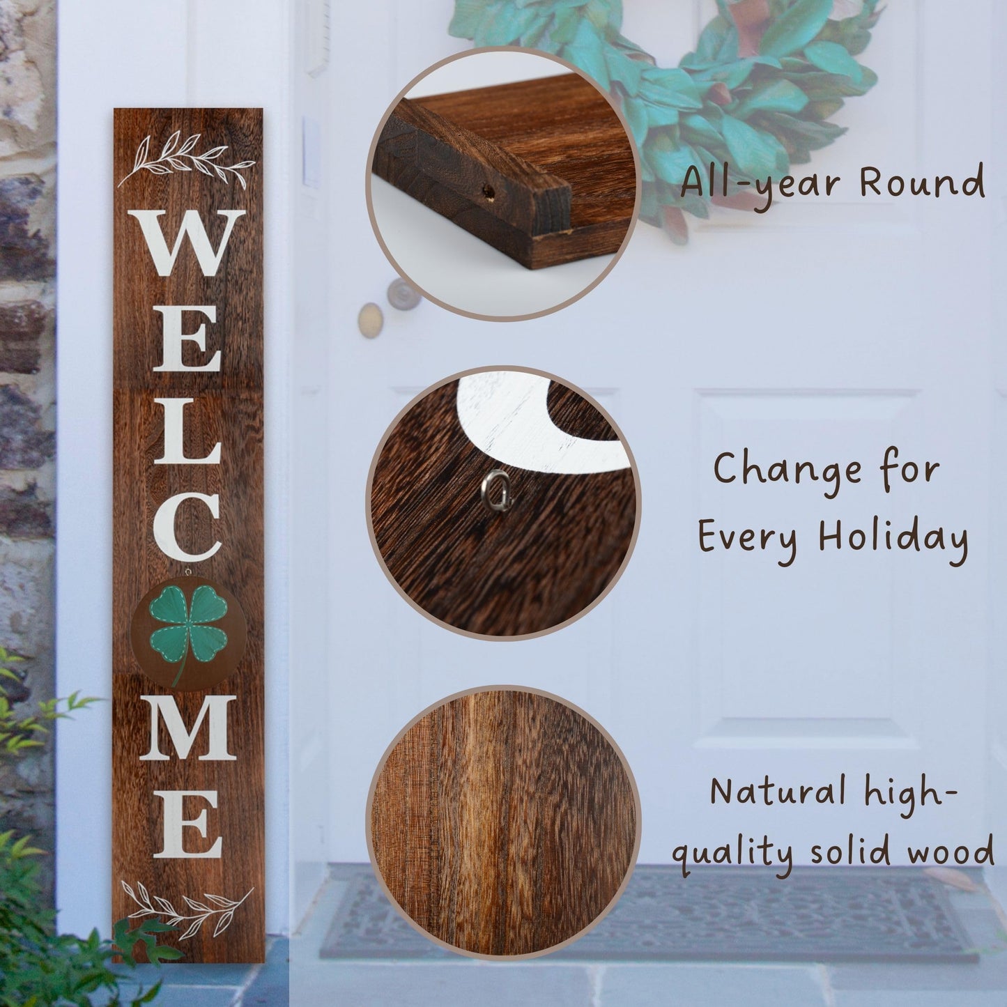 Perfnique Interchangeable Welcome sign for front porch standing, 47 x 7.9 Inch Black Wooden Leaner Sign with 10 Interchangeable Designed Icons, Morden Farmhouse Rustic Seasonal Decor for Spring