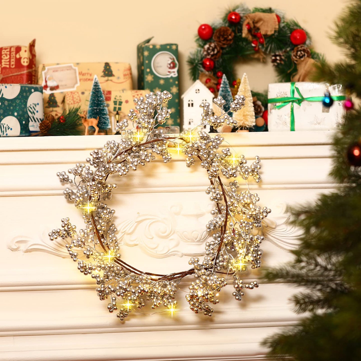 Syhood Christmas Berry String Garland with Lights Thanksgiving Artificial Lighted Garland for Xmas Winter Tree Decor Home Office Fireplace Mantel Decoration Holiday Valentines, 6 ft(Silver,1 Pc)