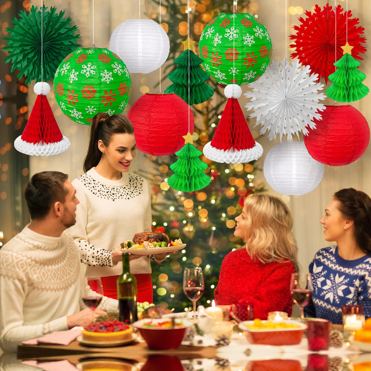 14PCS Christmas Honeycomb Hanging Paper Lantern Decorations Set, Pine Tree Star Christmas Hat Red Green White Snowflake Lanterns Paper Fans for Christmas Party Home Decoration Supplies