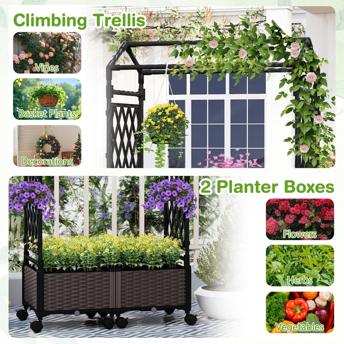 Byroce Self-Watering Tomato Planter Box with Trellis, 64” Tall Raised Garden Bed with Lockable Wheels, Arch Roof & Drainage Holes, Vertical Garden for Patio Balcony Outdoor Vegetables (Roof Type A)