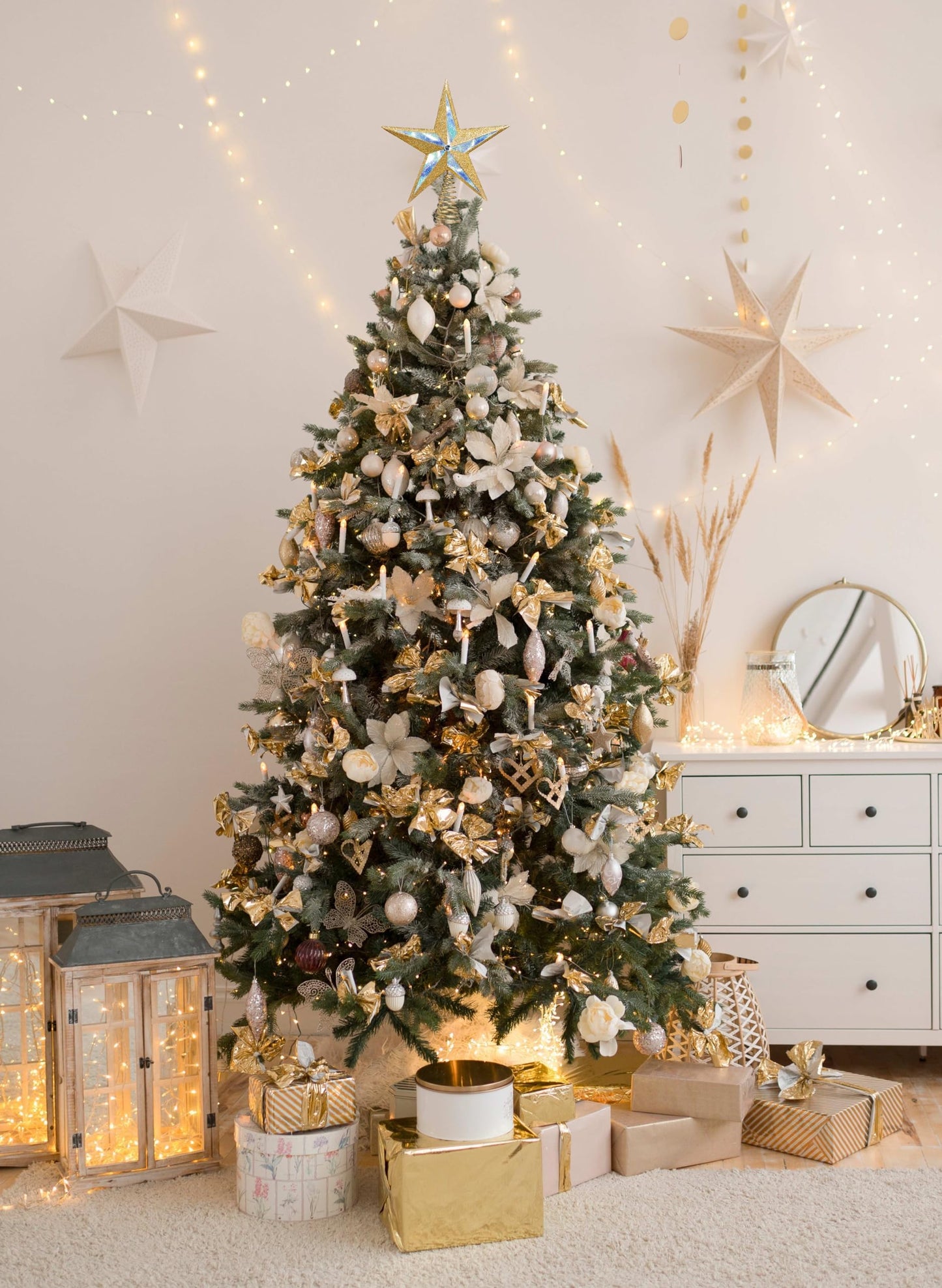 Christmas Traditions 10 inch Large Filigree Gold Holographic Glittered Christmas Star Tree Topper Star for Large Tree 6 feet-8 feet Tall/Home Decor Ornaments (Gold Holographic)