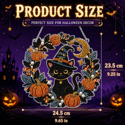 DIY Diamond Art Painting Wreath Kits，Special Shaped Rhinestone Hanging Ornament Diamond Art Window Pendants for Gift Home Garden Wall Hanging Kits,Double Sided (Halloween Black Cat)
