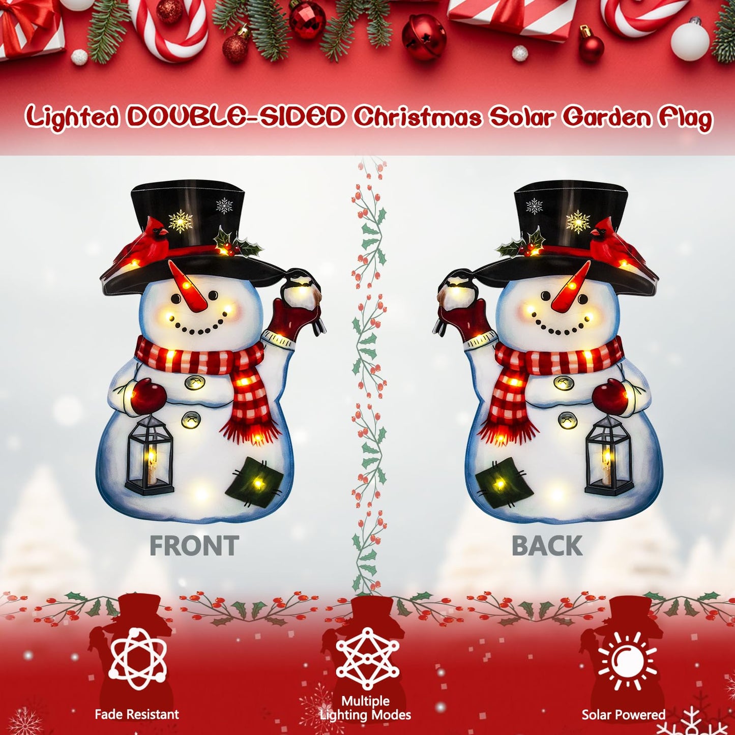 Lighted Christmas Garden Flag12x18, 8 Modes Double Sided Solar Christmas Decorations Outdoor LED Navidad Flag, Yard Decorations for Xmas Patio Lawn Porch