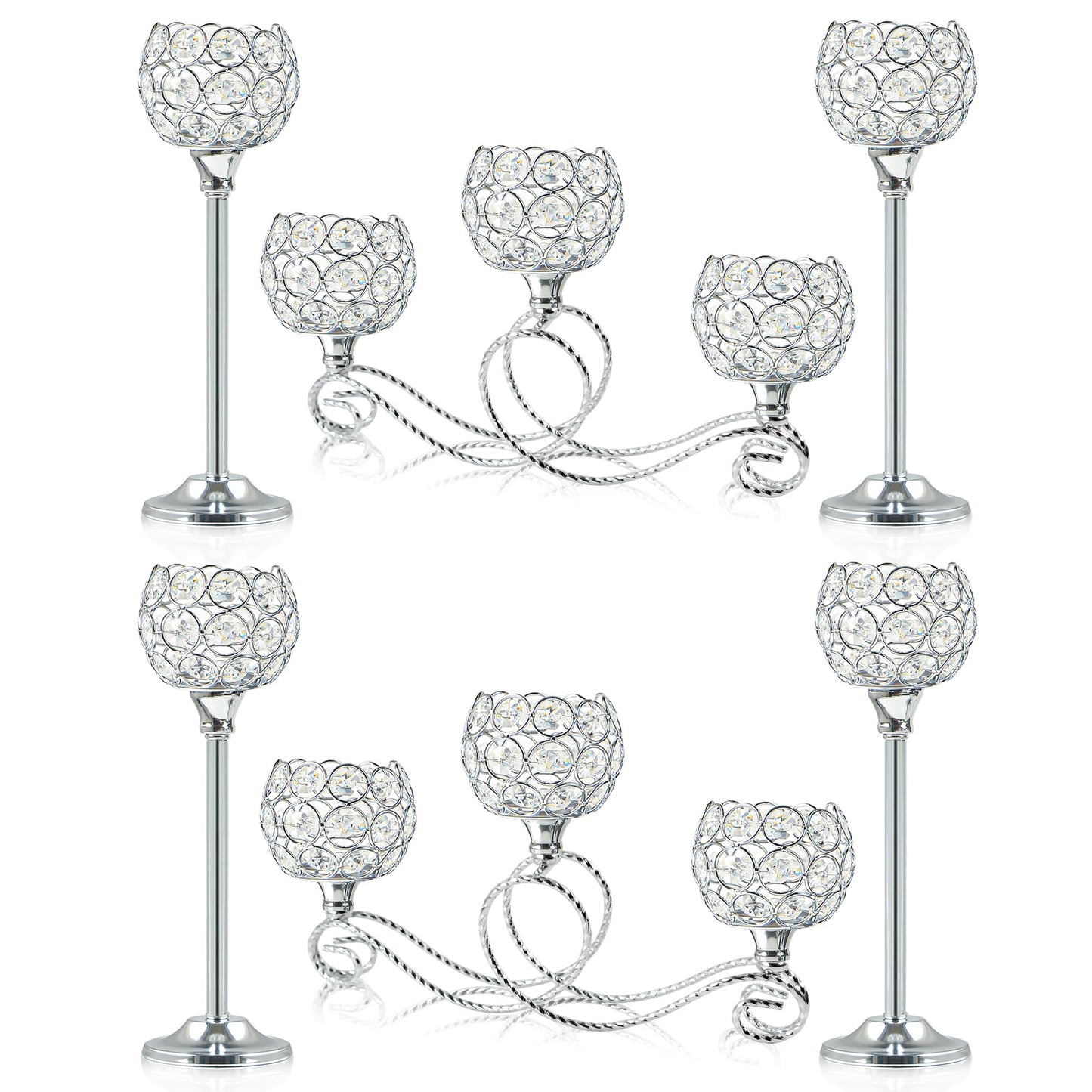 Silver Set of 6 Metal Crystal Tea Light Candle Holder, Elegant Wedding Table Centerpiece Candle Holder, Christmas Wishing Crystal Bowl Candle Holder Suitable for Wedding Party Living Room Decoration